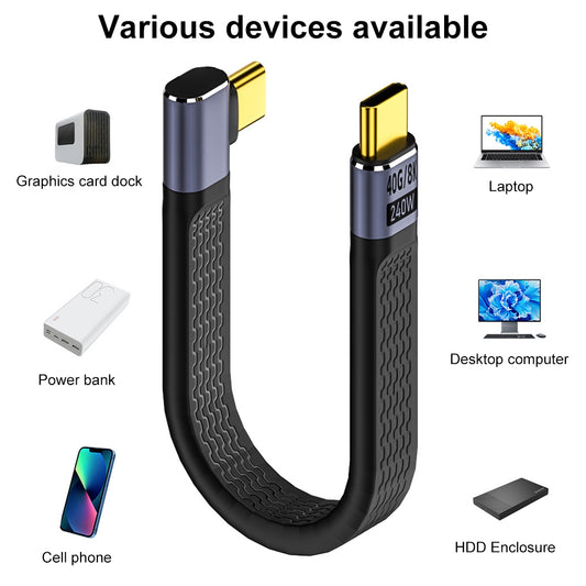 USB-C Data- og Opladningskabel - USB-C OEM Angled 8K Video Version 3, 240W, 0.15m, Sort
