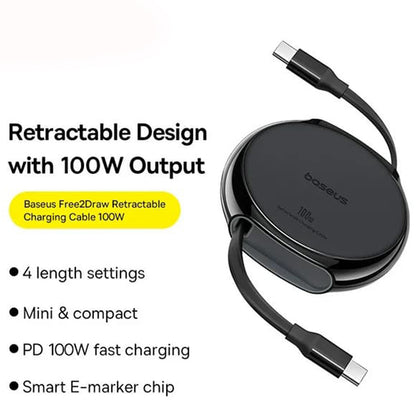 USB-C - USB-C Baseus Pathfinder Retractable data- og opladningskabel, 100W, 1m, Sort P10368400111-00