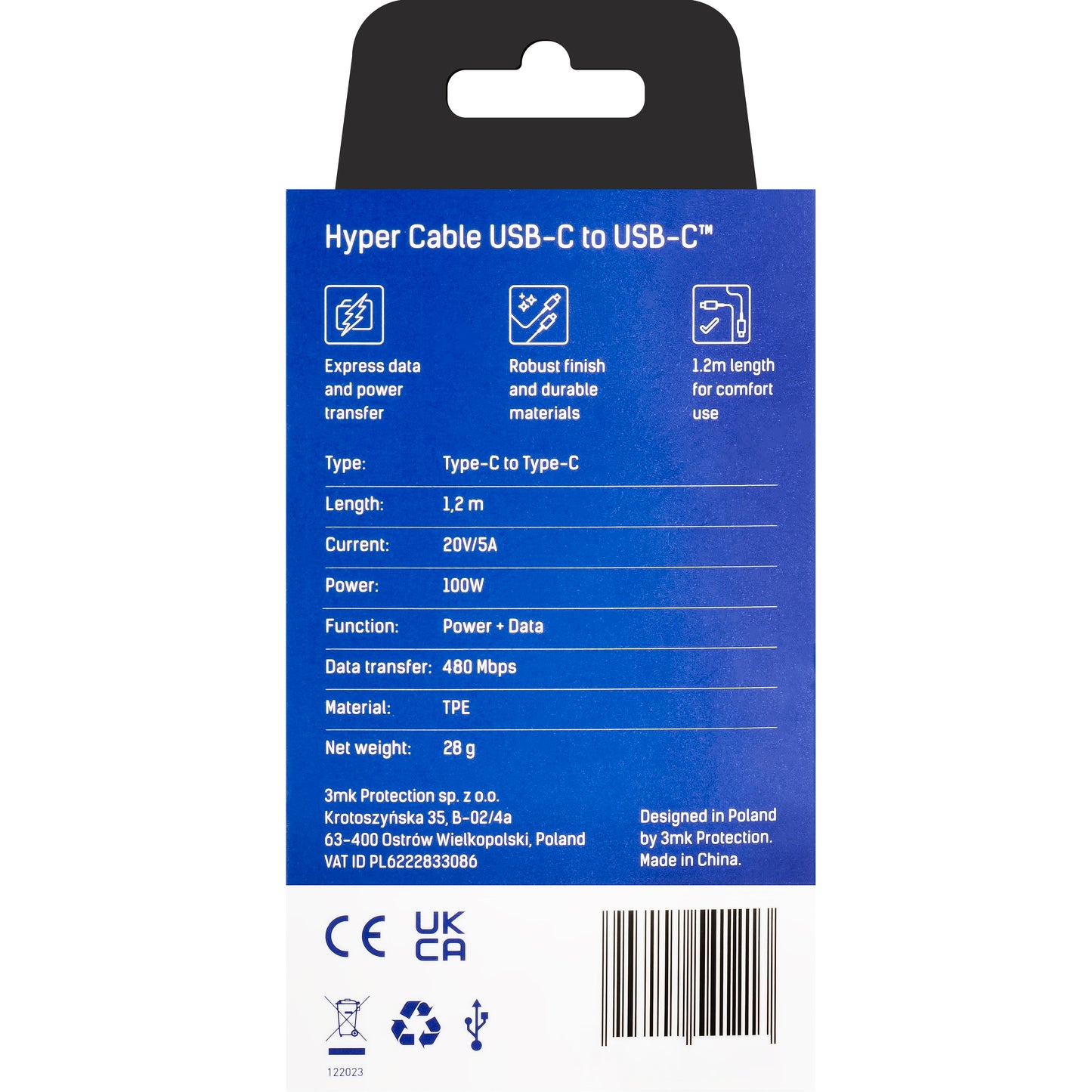 USB-C Data- og Opladningskabel - USB-C 3MK Hyper, 100W, 1.2m, Sort