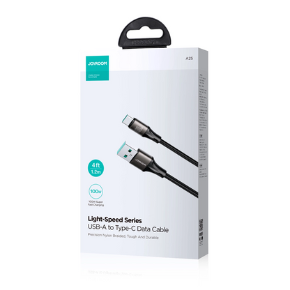 USB-A - USB-C Joyroom S-A25 Light-Speed data- og opladningskabel, 100W, 1.2m, Sort