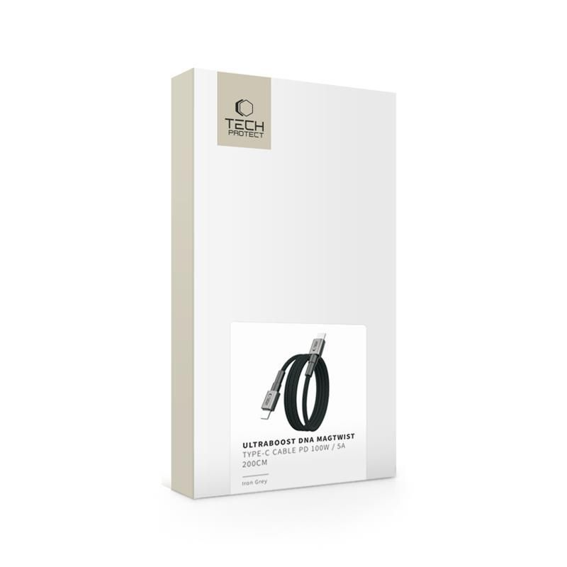Data- og opladningskabel USB-C - USB-C Tech-Protect Ultraboost DNA MagTwist, 100W, 2m, Grå