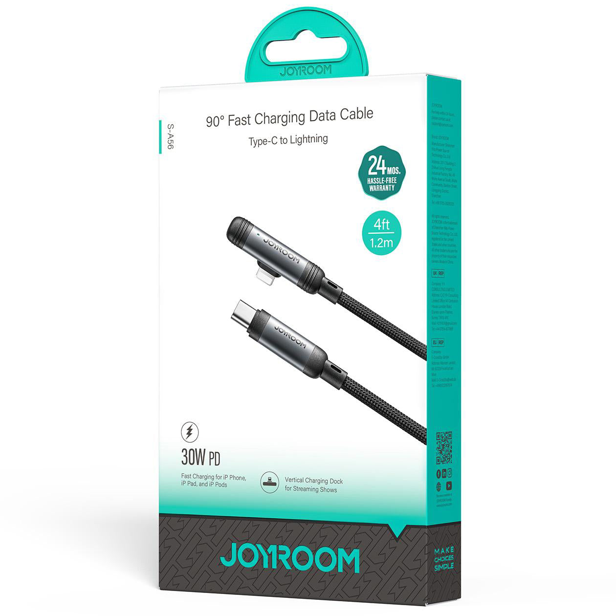 USB-C - Lightning Joyroom S-A56 EnjoyX Angled data- og opladerkabel, 30W, 1.2m, Sort