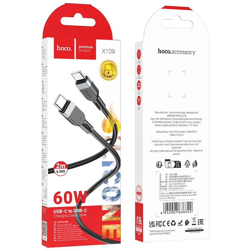 USB-C Data- og Opladningskabel - USB-C HOCO X109, 60W, 2m, Sort