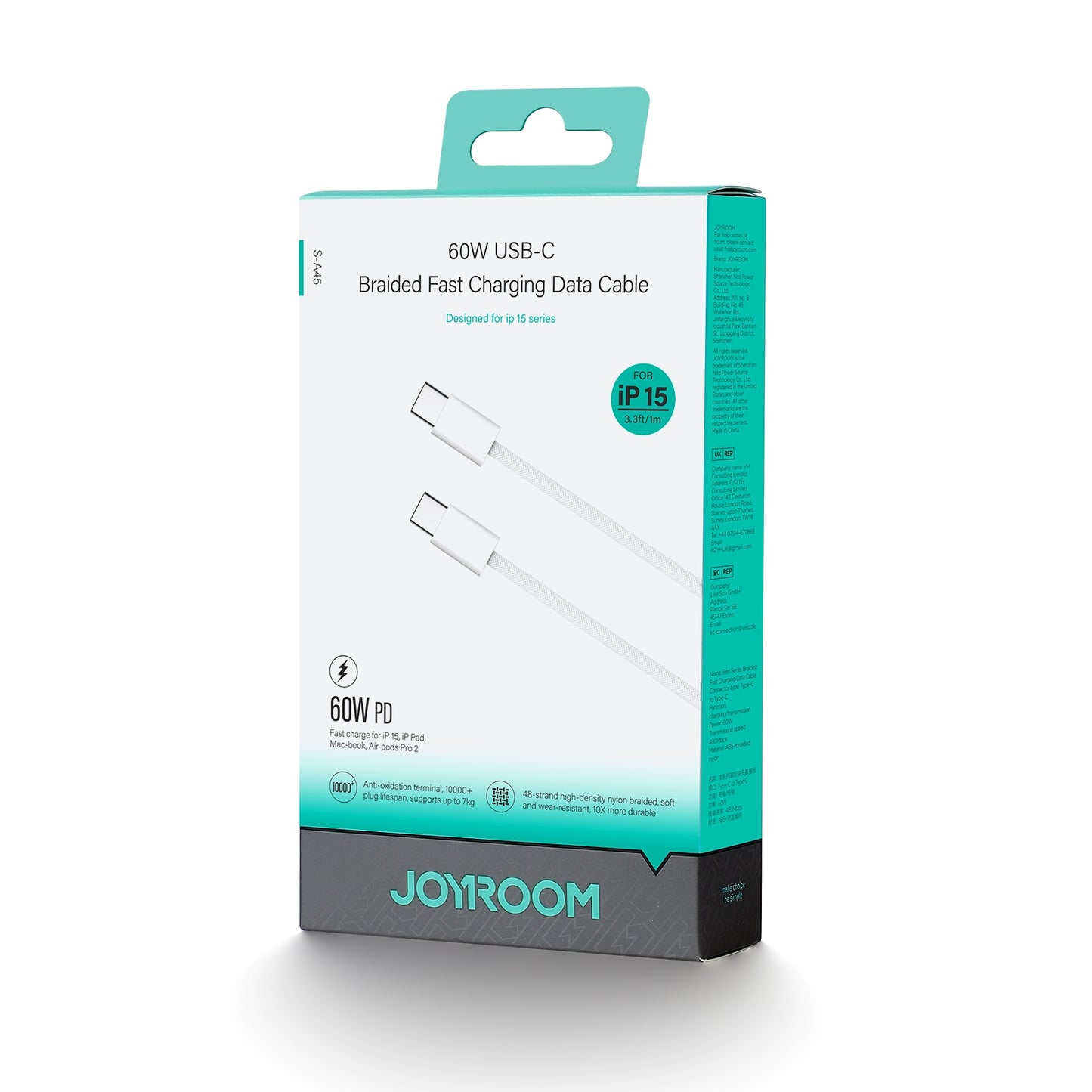 USB-C data- og opladningskabel - USB-C Joyroom S-A45, 60W, 1m, hvid 