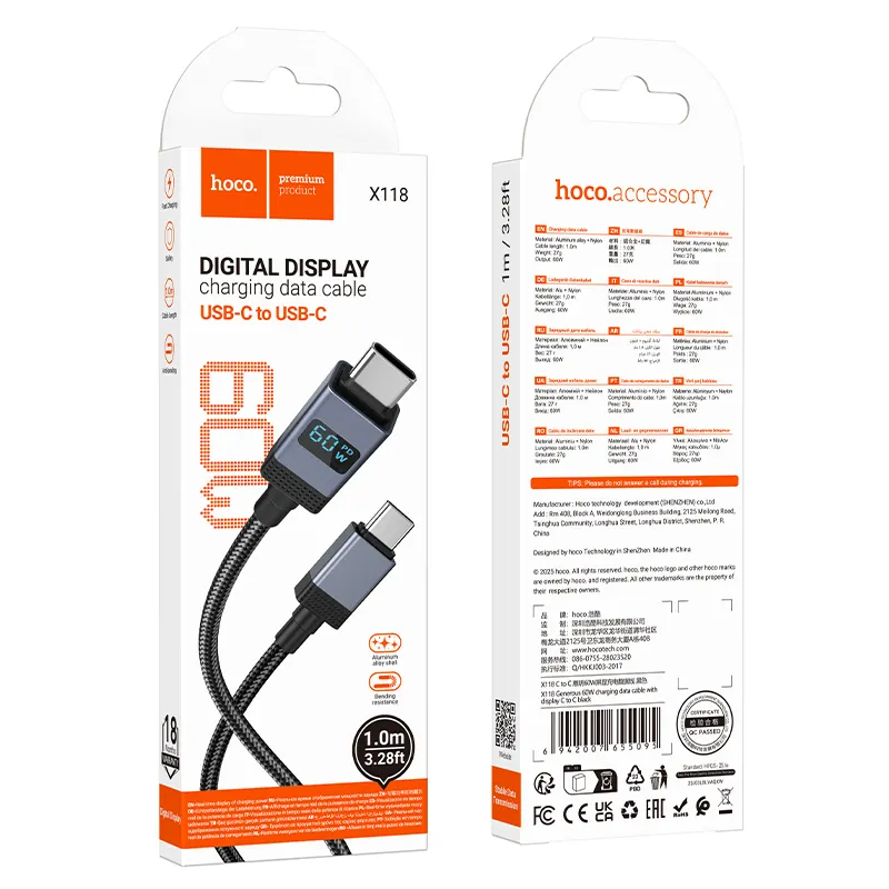 USB-C Data- og Opladningskabel - USB-C HOCO X118 Display, 60W, 1m, Sort