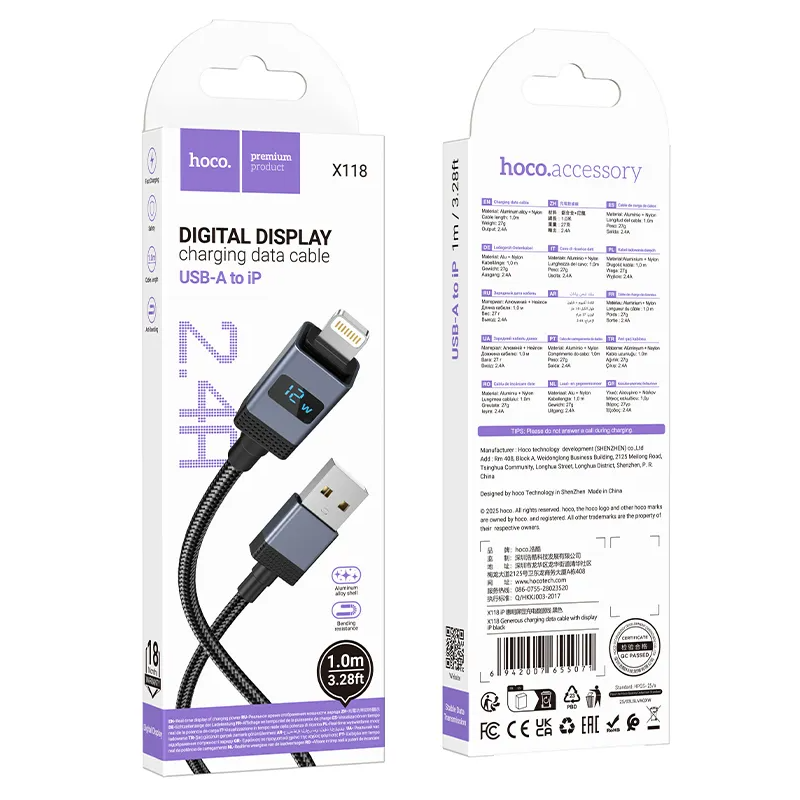 Data- og opladningskabel USB-A - Lightning HOCO X118 Display, 12W, 1m, Sort