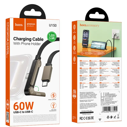 USB-C Data- og Opladningskabel - USB-C HOCO U150 Exquisite, 60W, 1,2m, Sort