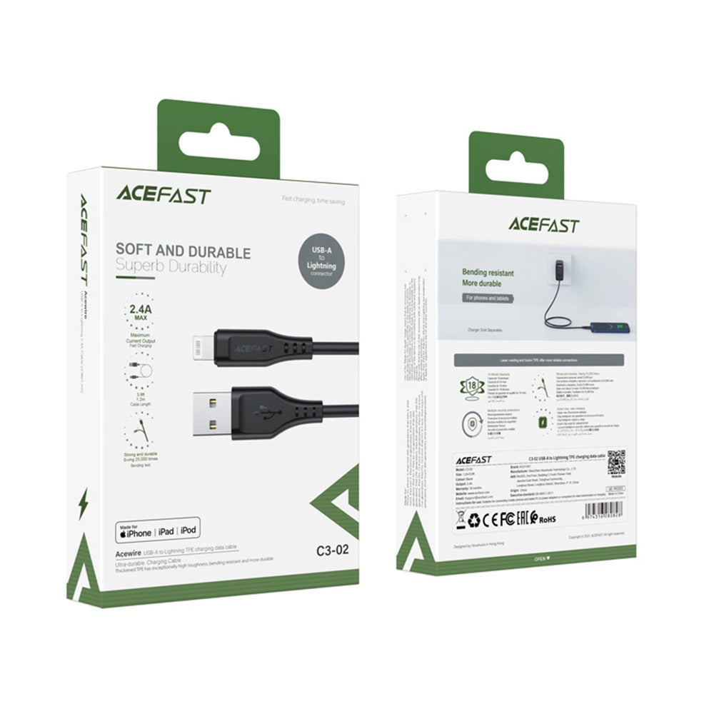 Data- og opladningskabel USB-A - Lightning Acefast C3-02, 18W, 1,2m, Sort