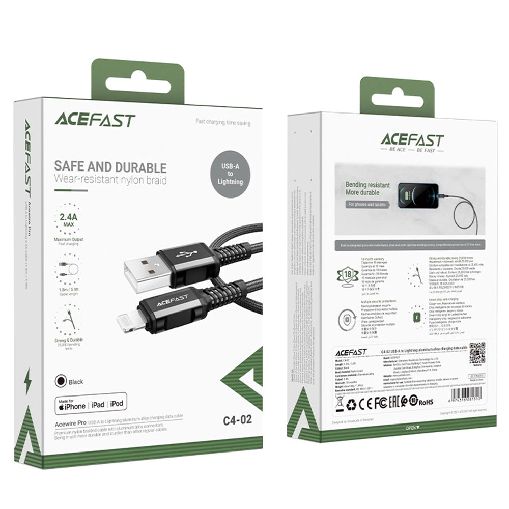 Data- og opladningskabel USB-A - Lightning Acefast C4-02, 18W, 1,8m, Sort