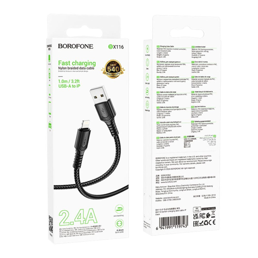 Data- og opladningskabel USB-A - Lightning Borofone BX116 Certain, 18W, 1m, Sort