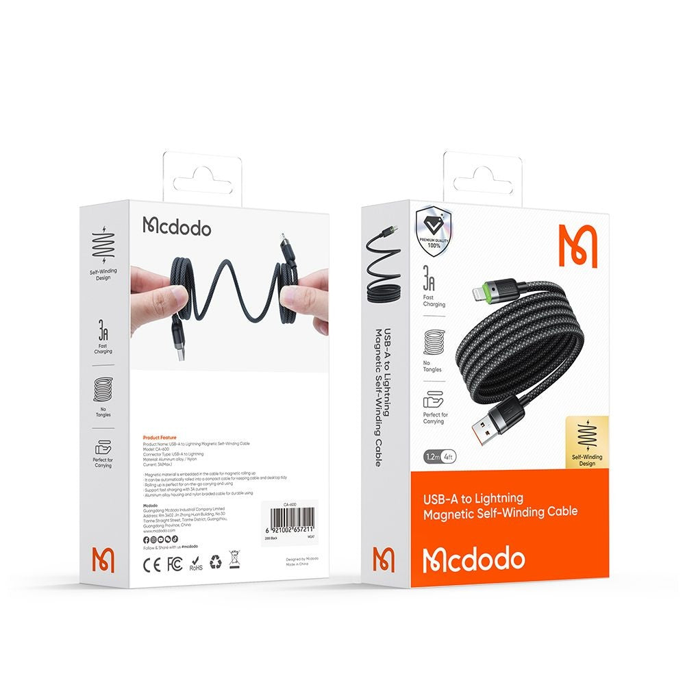 Data- og opladningskabel USB-A - Lightning McDodo CA-6000 Self Winding, 18W, 1.2m, Sort