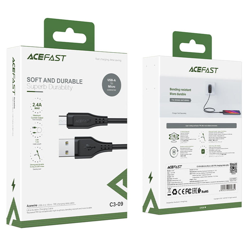 Data- og opladningskabel USB-A - microUSB Acefast C3-09, 18W, 1,2m, Sort