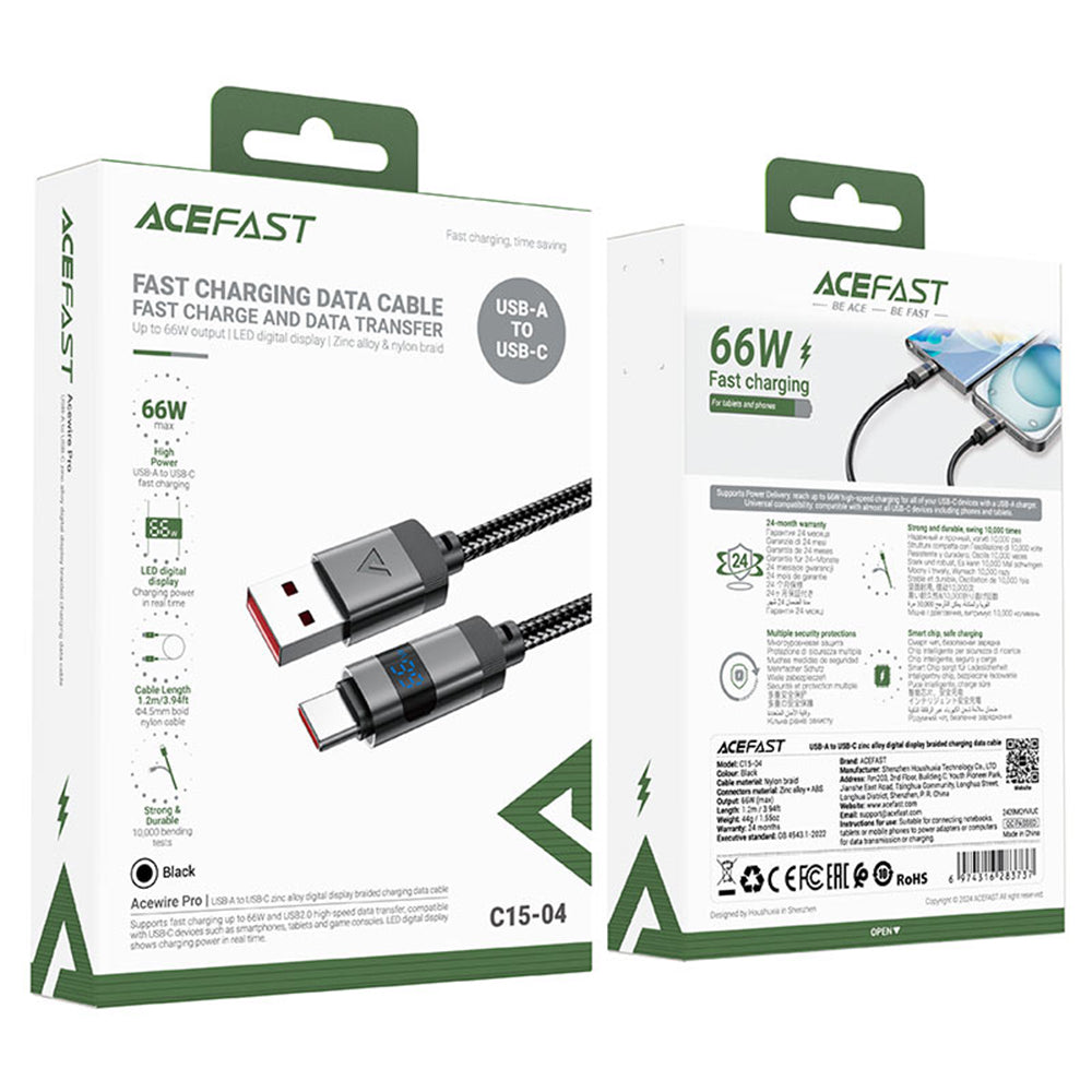 Data- og opladningskabel USB-A - USB-C Acefast C15-04 Display, 66W, 1,2m, Sort