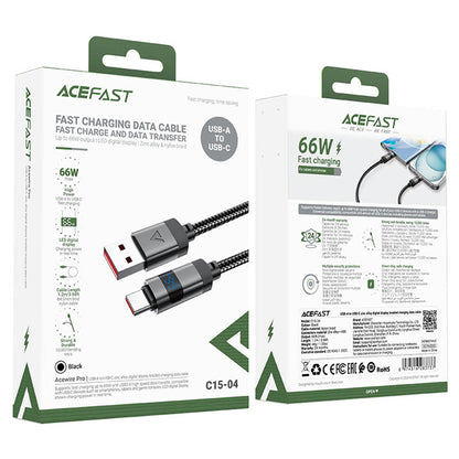 Data- og opladningskabel USB-A - USB-C Acefast C15-04 Display, 66W, 1,2m, Sort