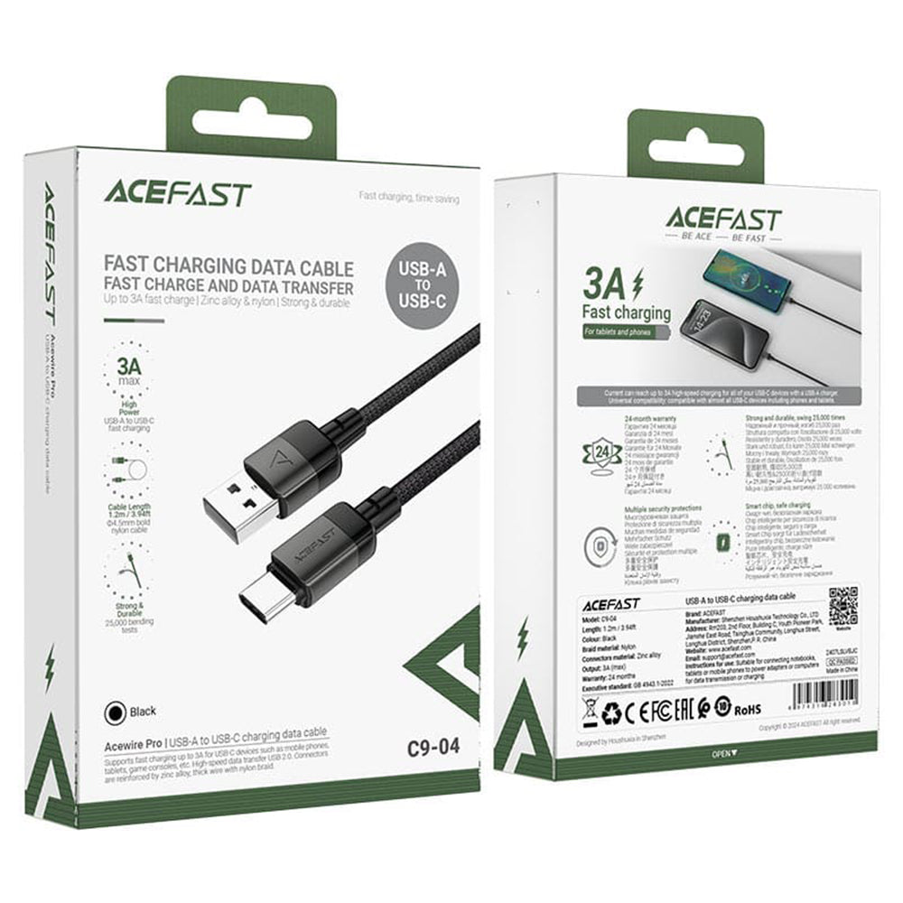 Data- og opladningskabel USB-A - USB-C Acefast C9-04, 18W, 1,2m, Sort