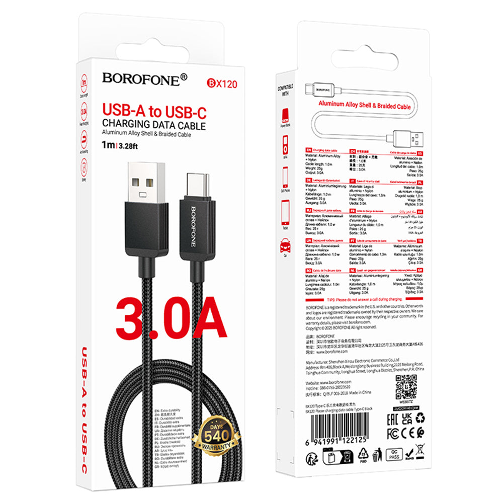 Data- og opladningskabel USB-A - USB-C Borofone BX120 Placer, 18W, 1m, Sort