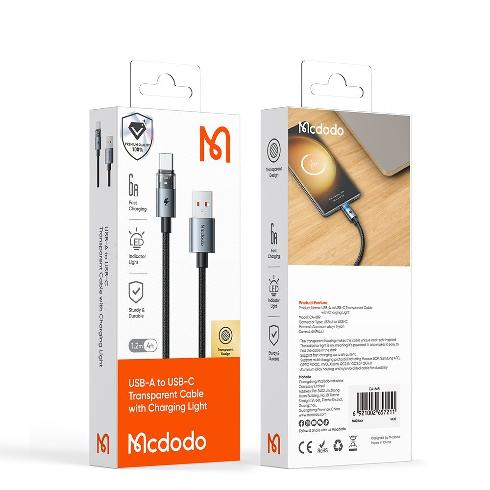 Data- og opladningskabel USB-A - USB-C McDodo CA-6890, 66W, 1.2m, Sort