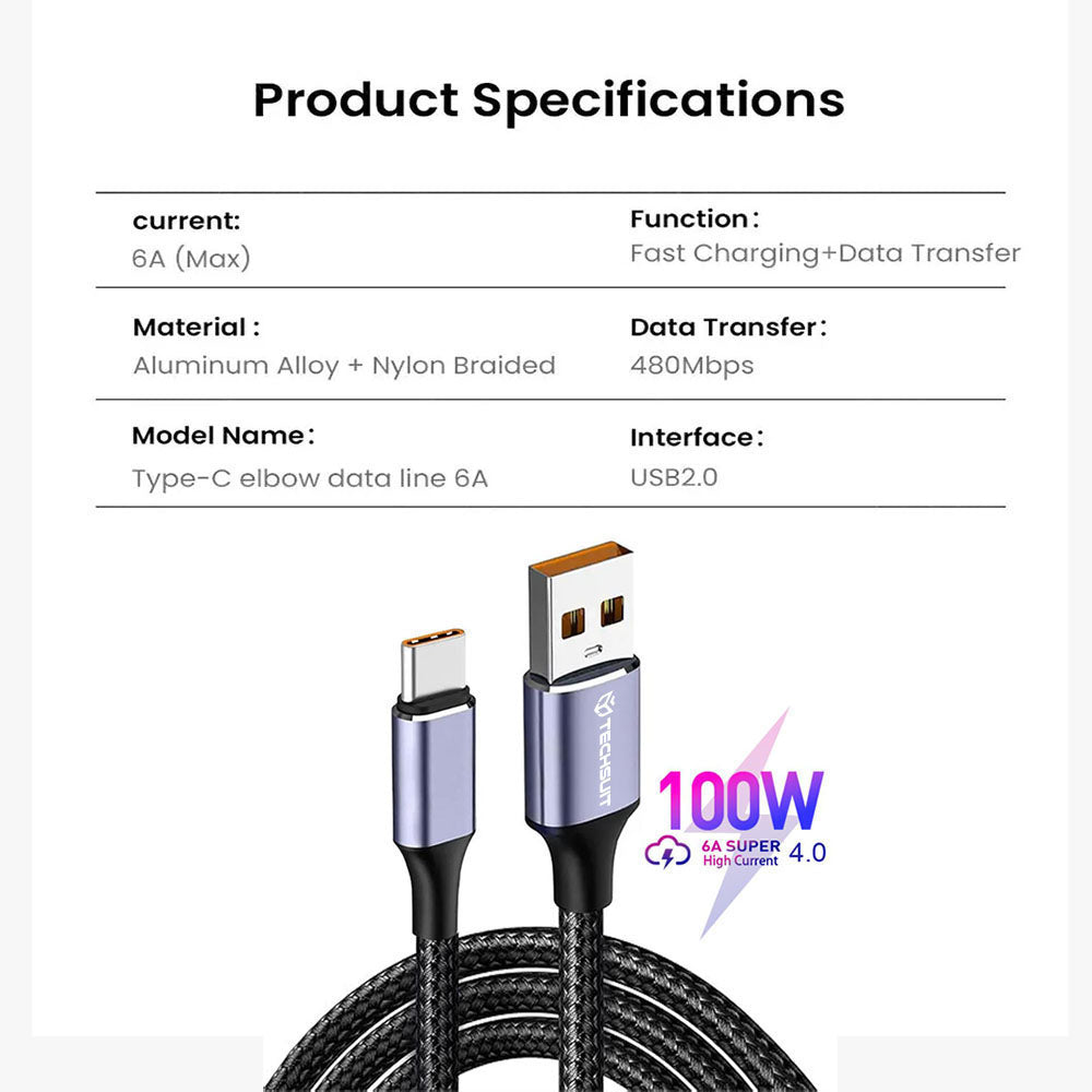 Data- og opladningskabel USB-A - USB-C Techsuit PCB018, 100W, 1m, Sort