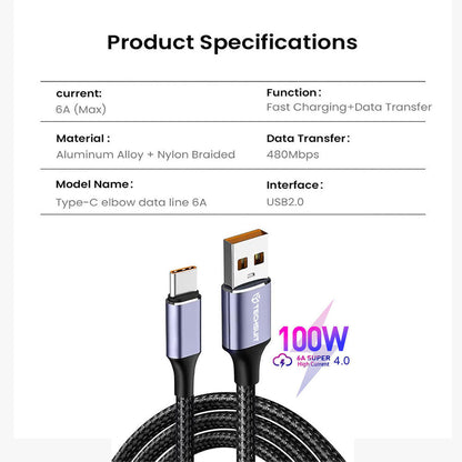 Data- og opladningskabel USB-A - USB-C Techsuit PCB018, 100W, 1m, Sort
