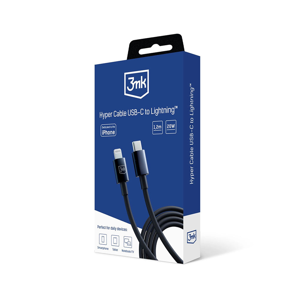 Data- og opladningskabel USB-C - Lightning 3MK Hyper, 20W, 1.2m, Sort