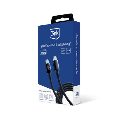 Data- og opladningskabel USB-C - Lightning 3MK Hyper, 20W, 1.2m, Sort