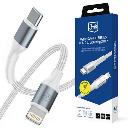 USB-C - Lightning Data- og Opladningskabel 3MK Hyper N, 27W, 2m, Hvid