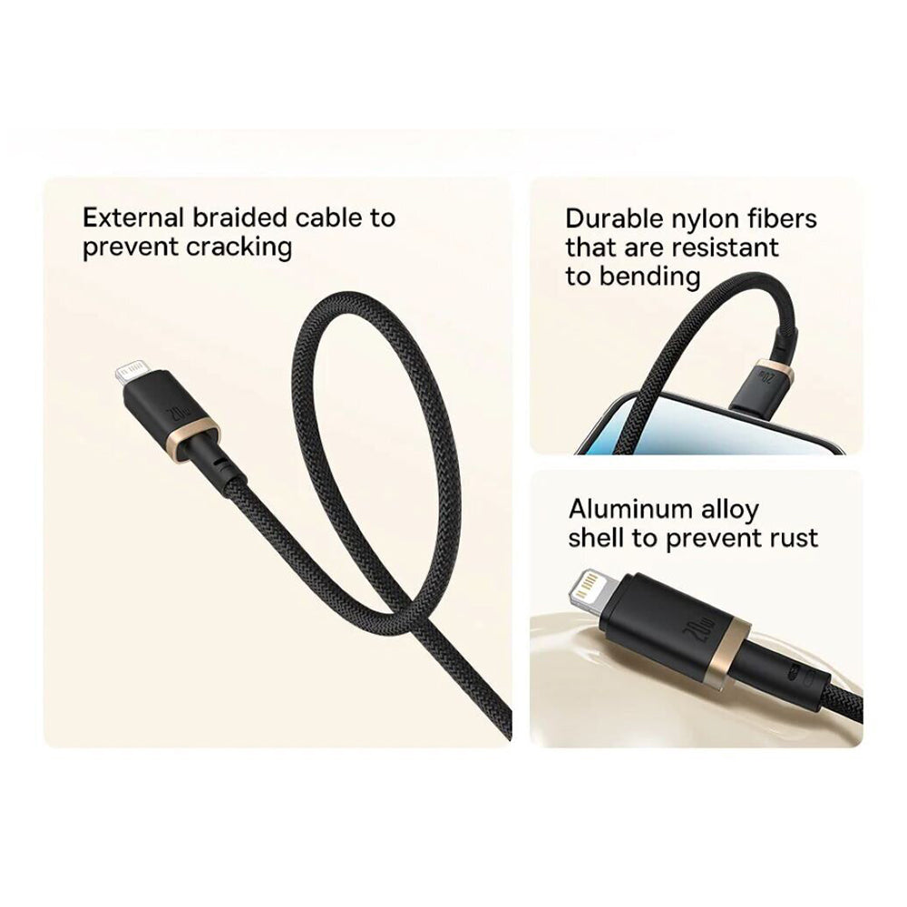 Data- og opladningskabel USB-C - Lightning Baseus Dura Series, 20W, 2m, Guld Sort P10377800U01-02