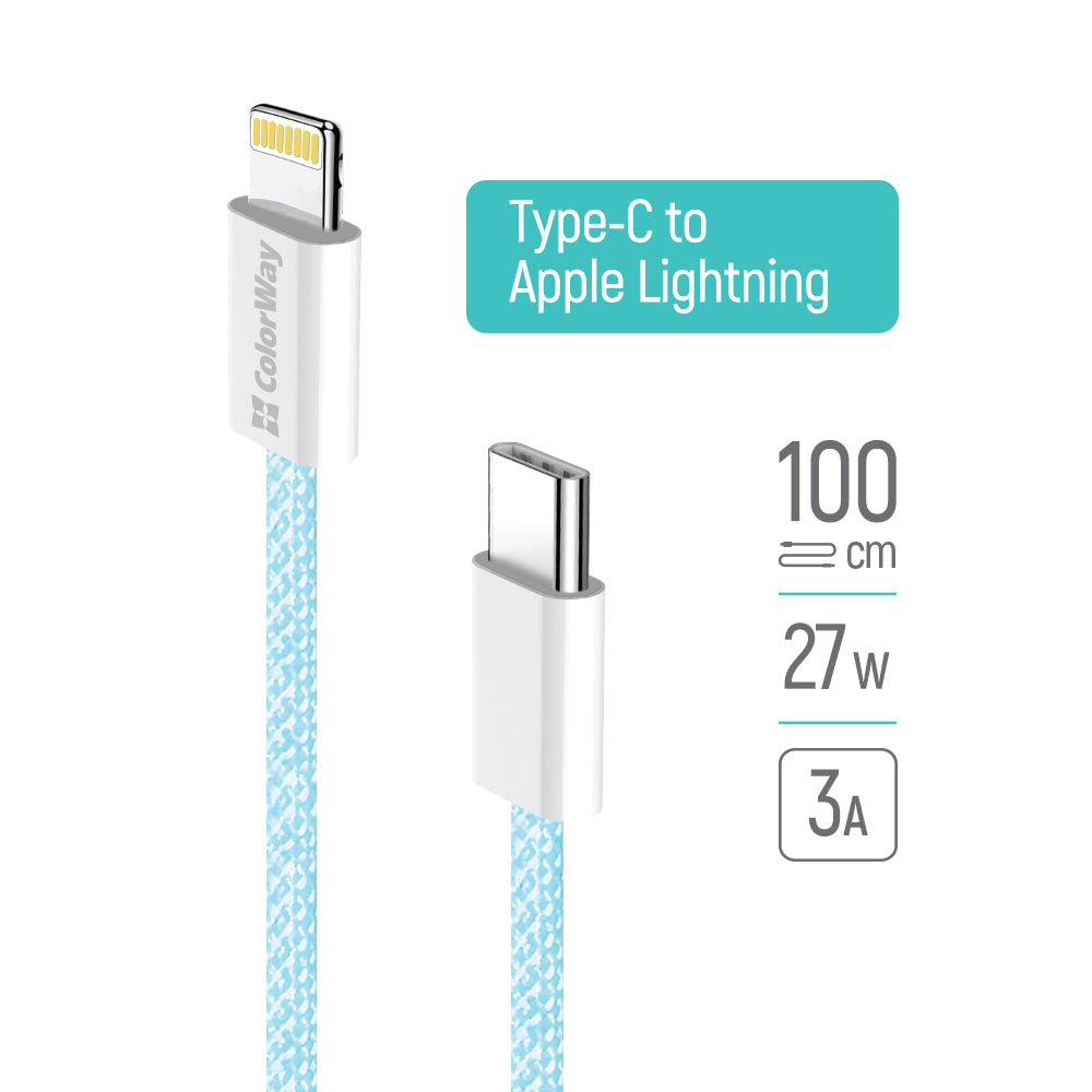 Data- og opladningskabel USB-C - Lightning ColorWay CW-CBPDCL061, 27W, 1m, Blå