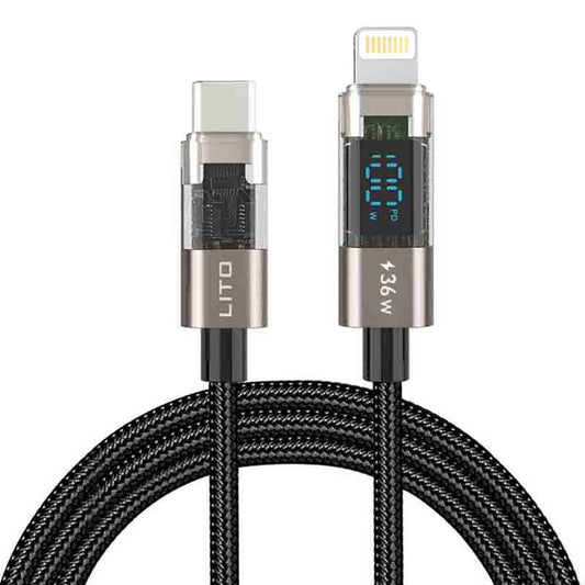 Data- og opladningskabel USB-C - Lightning Lito LD09CL Display, 36W, 1.2m, Sort