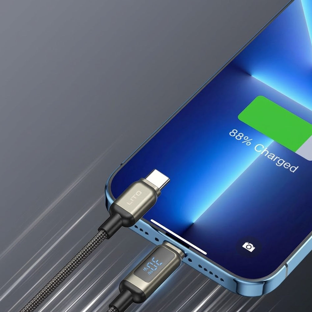 Data- og opladningskabel USB-C - Lightning Lito LD15 Display, 27W, 1m, Sort