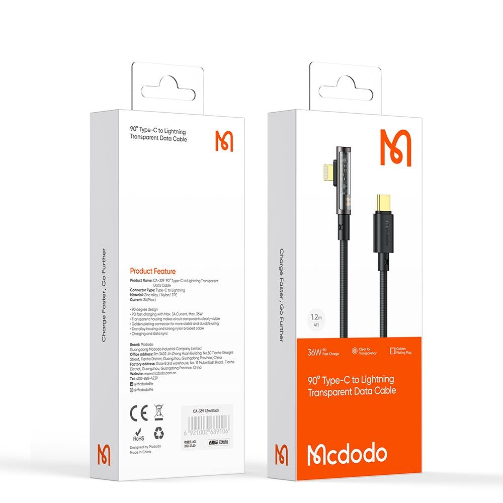 Data- og opladningskabel USB-C - Lightning McDodo CA-3390 Angled, 36W, 1.2m, Sort