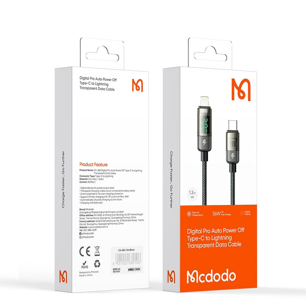 Data- og Opladningskabel USB-C - Lightning McDodo CA-3600 Display Auto Power Off, 36W, 1.2m, Sort