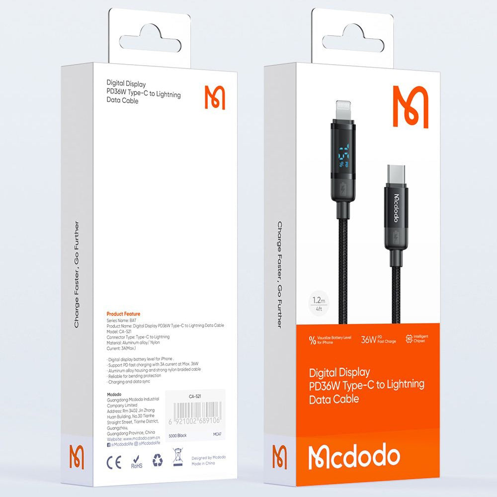 Data- og opladningskabel USB-C - Lightning McDodo CA-5210 Bat Display, 36W, 1,2m, Sort