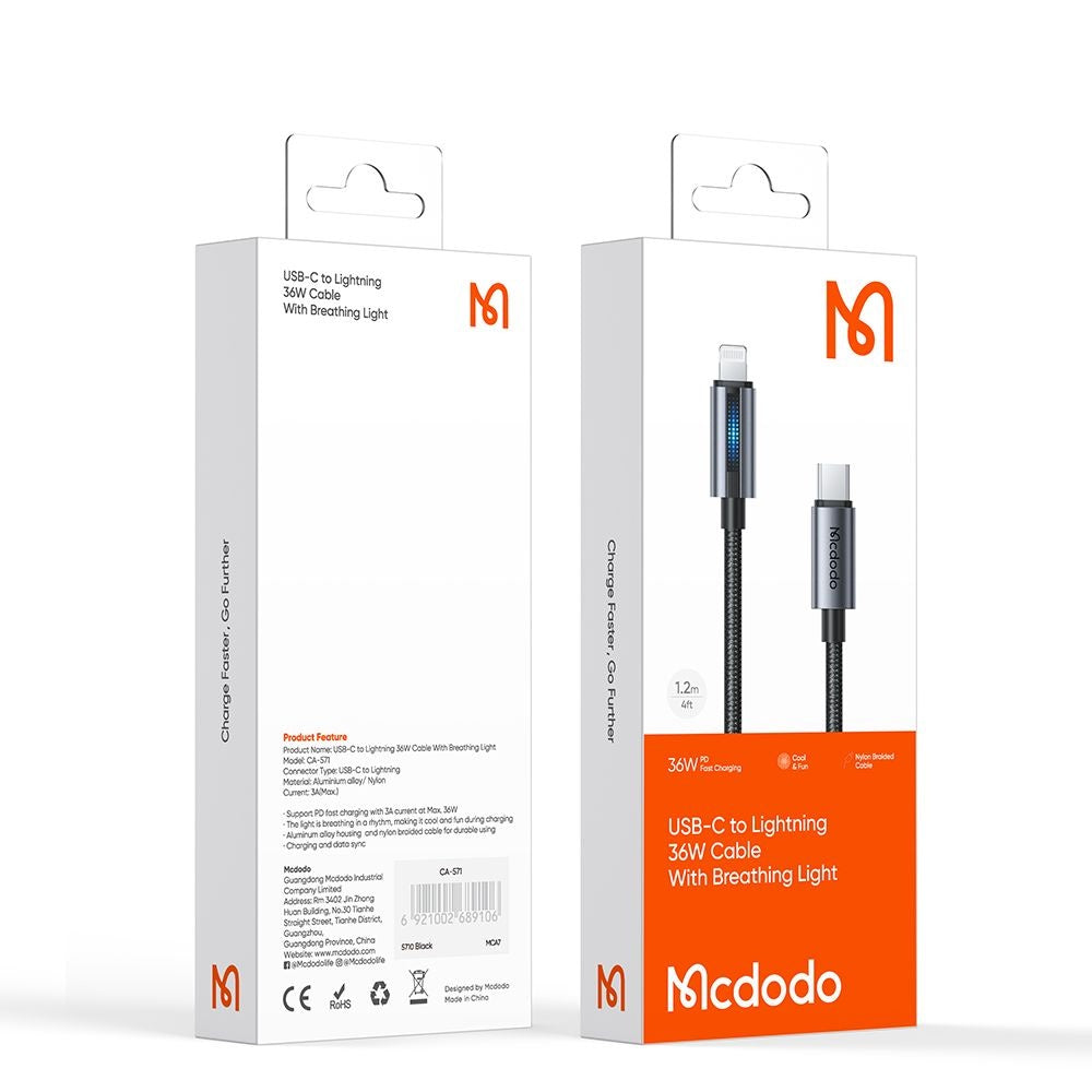 Data- og opladningskabel USB-C - Lightning McDodo CA-5710, 36W, 1.2m, Sort