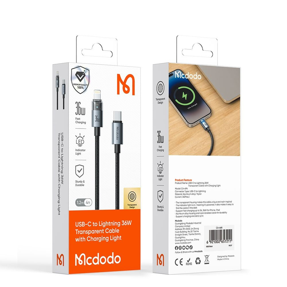 Data- og opladningskabel USB-C - Lightning McDodo CA-6940, 36W, 1.2m, Sort