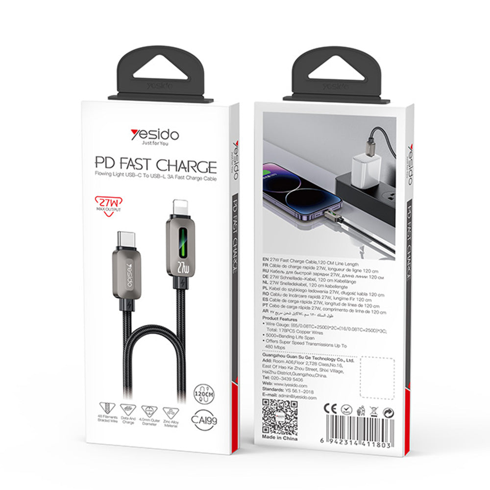 USB-C - Lightning Data- og Opladningskabel Yesido CA199, 27W, 1,2m, Sort