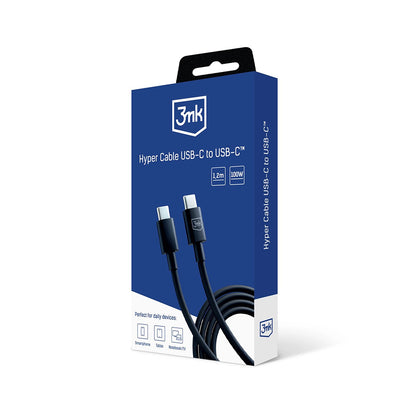 USB-C Data- og Opladningskabel - USB-C 3MK Hyper, 100W, 1.2m, Sort
