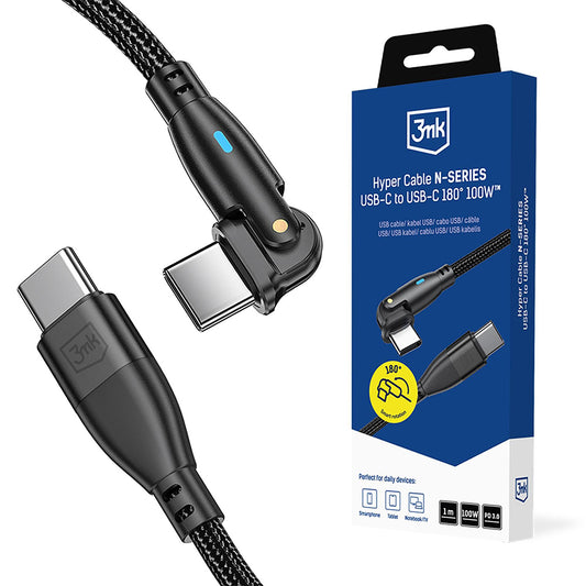 USB-C Data- og Opladningskabel - USB-C 3MK Hyper N Vinklet, 100W, 1m, Sort