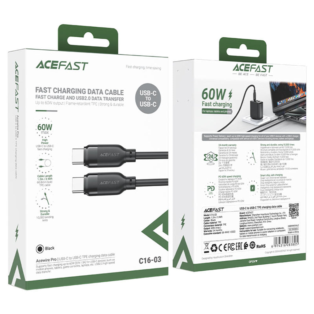 USB-C data- og opladningskabel - USB-C Acefast C16-03, 60W, 1,2m, Sort