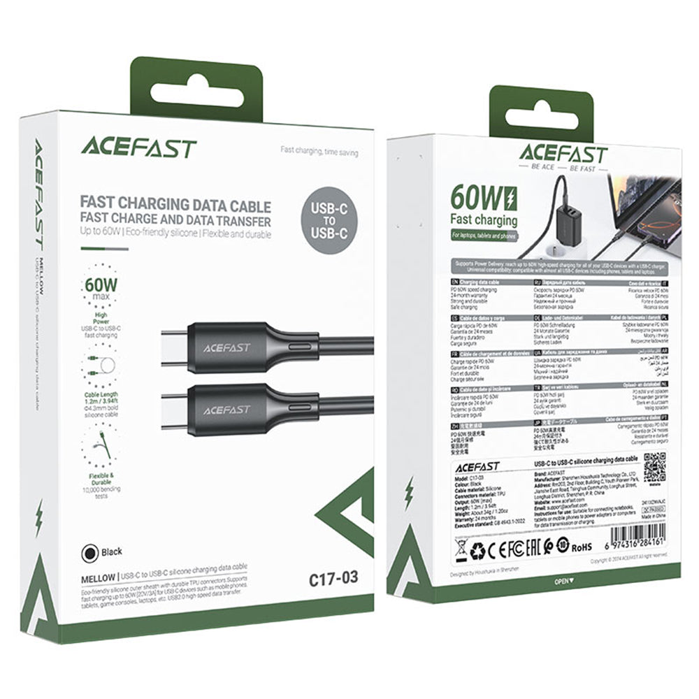 Data- og opladningskabel USB-C - USB-C Acefast C17-03, 60W, 1,2m, Sort