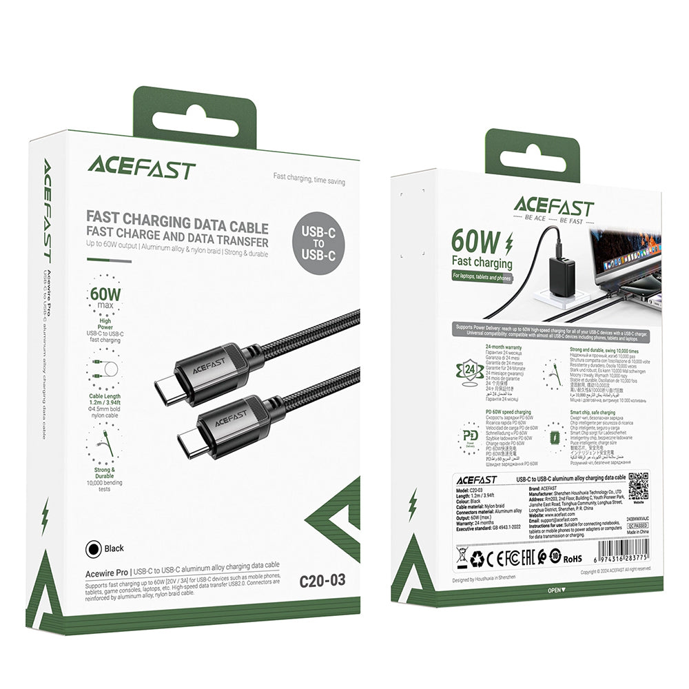 Data- og opladningskabel USB-C - USB-C Acefast C20-03, 60W, 1.2m, Sort
