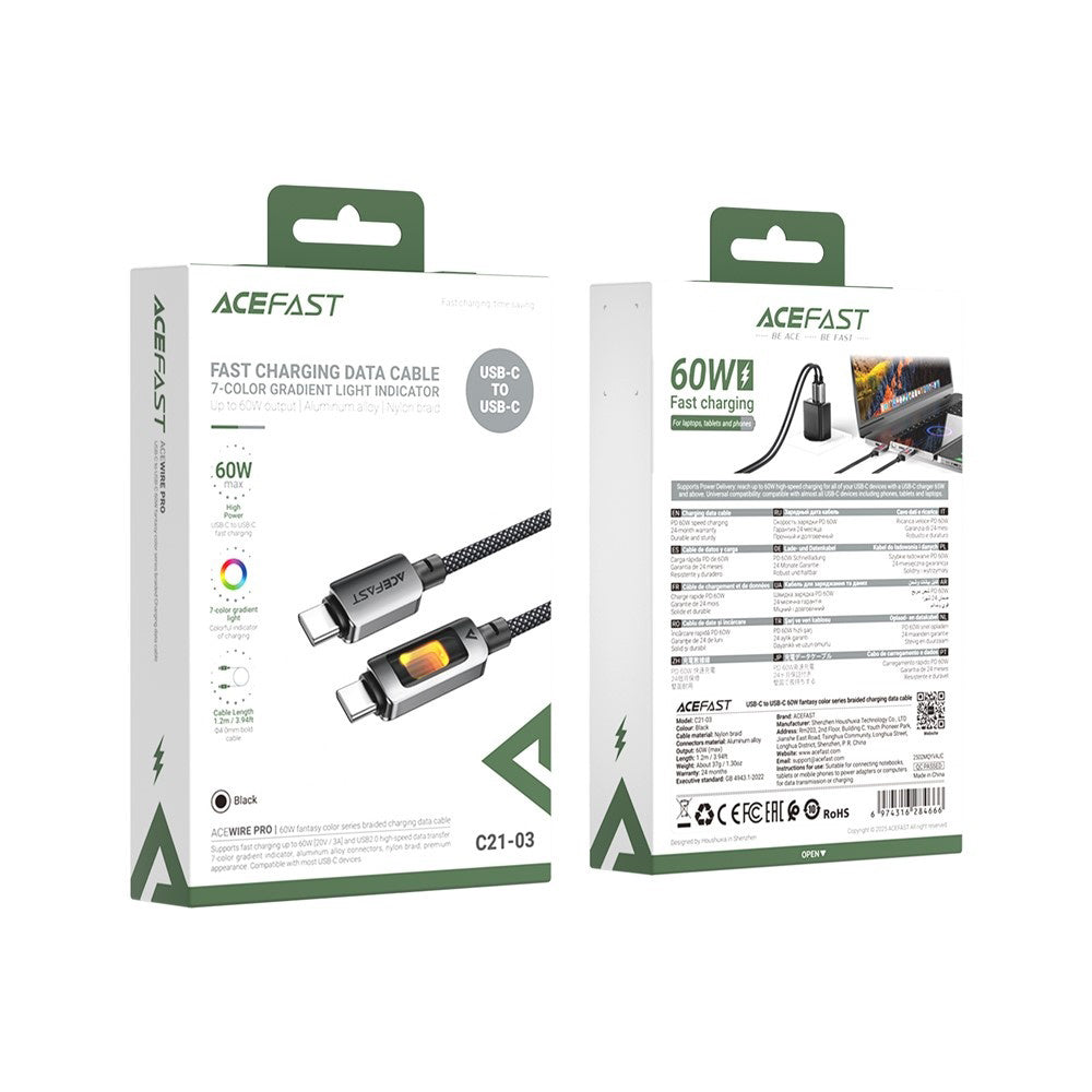 Data- og opladningskabel USB-C - USB-C Acefast C21-03, 60W, 1,2m, Sort