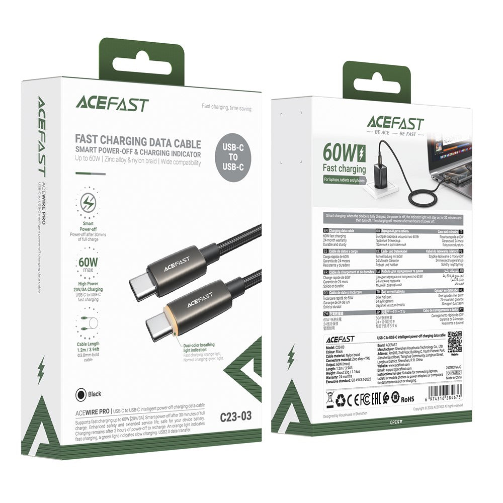 Data- og opladningskabel USB-C - USB-C Acefast C23-03, 60W, 1.2m, Sort