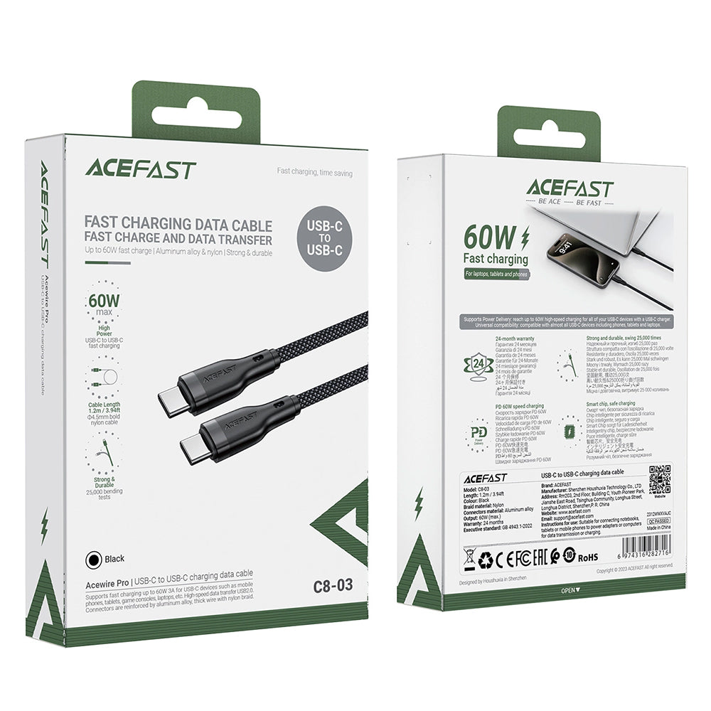 Data- og opladningskabel USB-C - USB-C Acefast C8-03, 60W, 1,2m, Sort