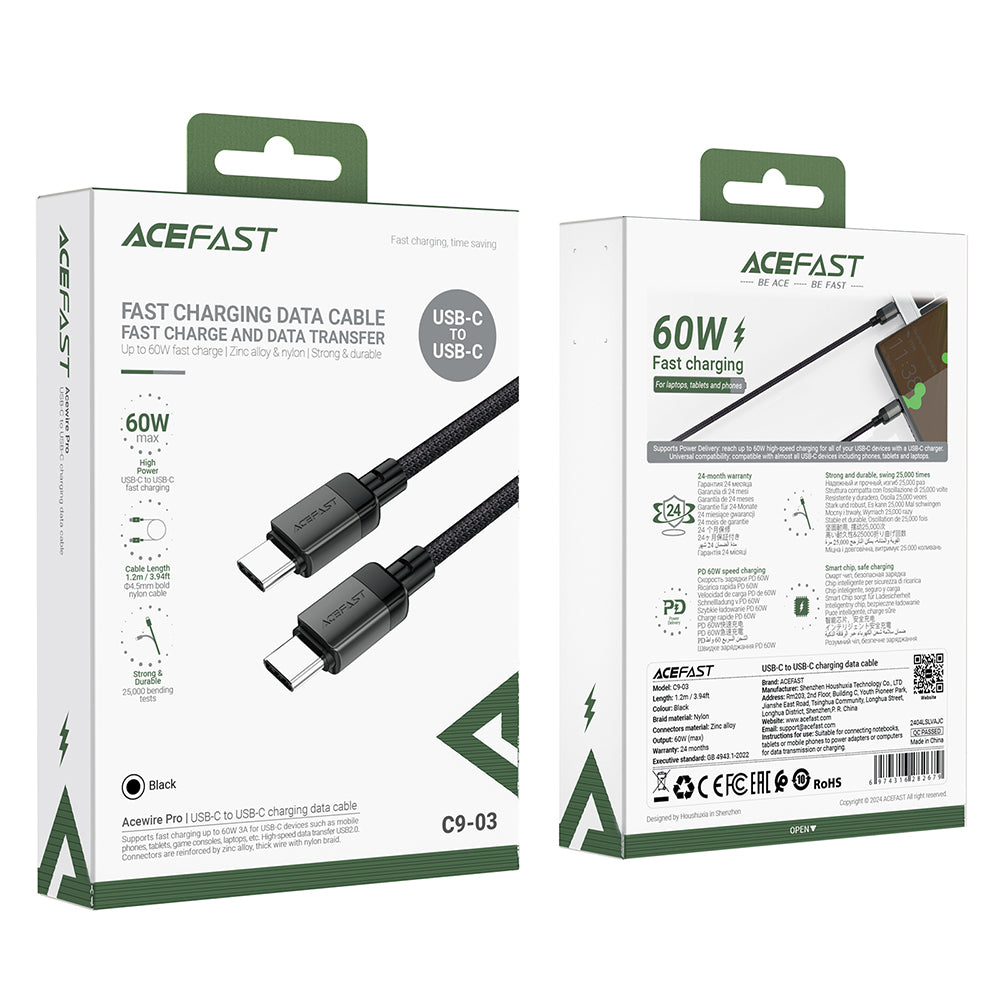 Data- og opladningskabel USB-C - USB-C Acefast C9-03, 60W, 1.2m, Sort