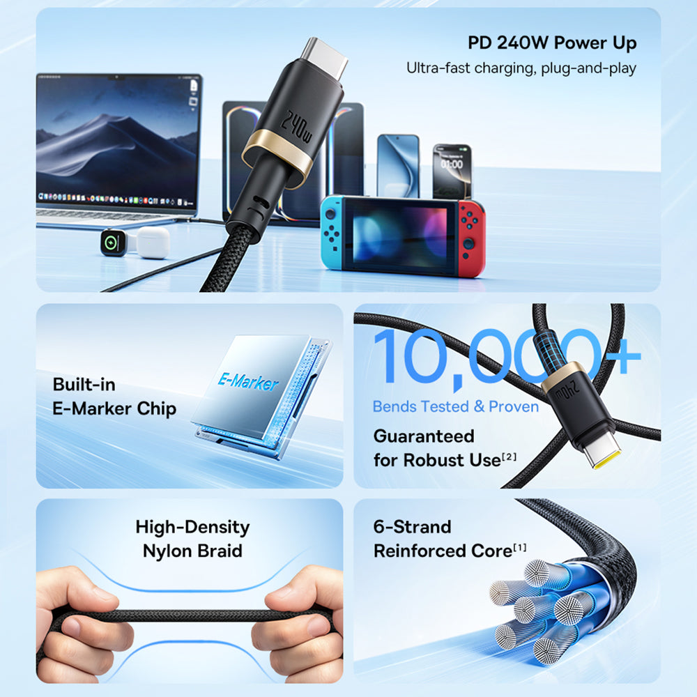 Data- og opladningskabel USB-C - USB-C Baseus Dura, 240W, 1m, Guld Sort P10377803U03-00