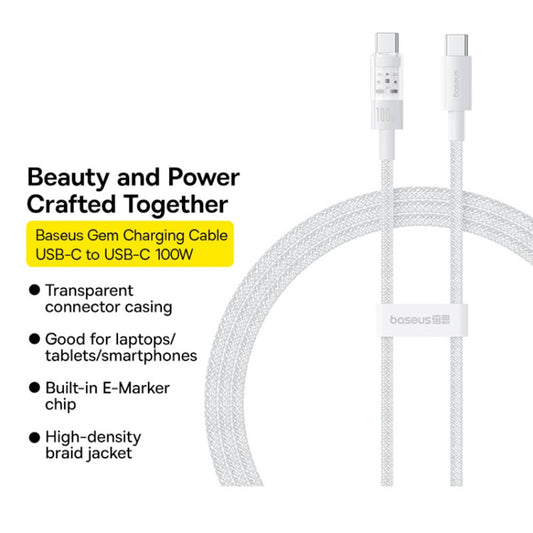 Data- og opladningskabel USB-C - USB-C Baseus Gem, 100W, 1m, Hvid P10373000211-00