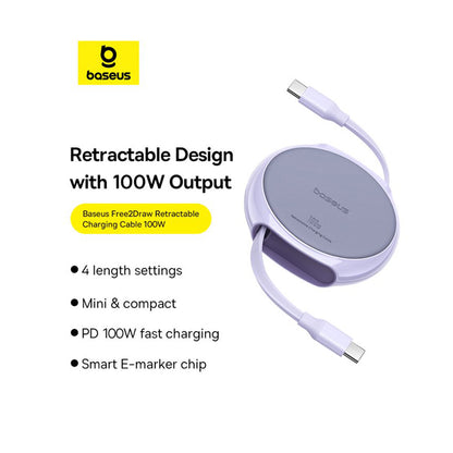 USB-C Data- og Opladningskabel - USB-C Baseus Pathfinder Retractable, 100W, 1m, Lilla P10368400511-00