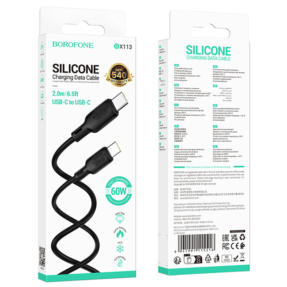 Data- og opladningskabel USB-C - USB-C Borofone BX113 Lenny, 60W, 2m, Sort