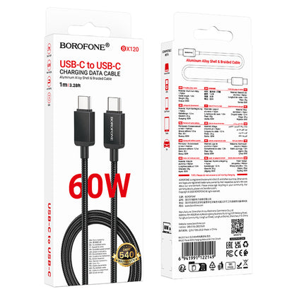 Data- og opladningskabel USB-C - USB-C Borofone BX120 Placer, 60W, 1m, Sort